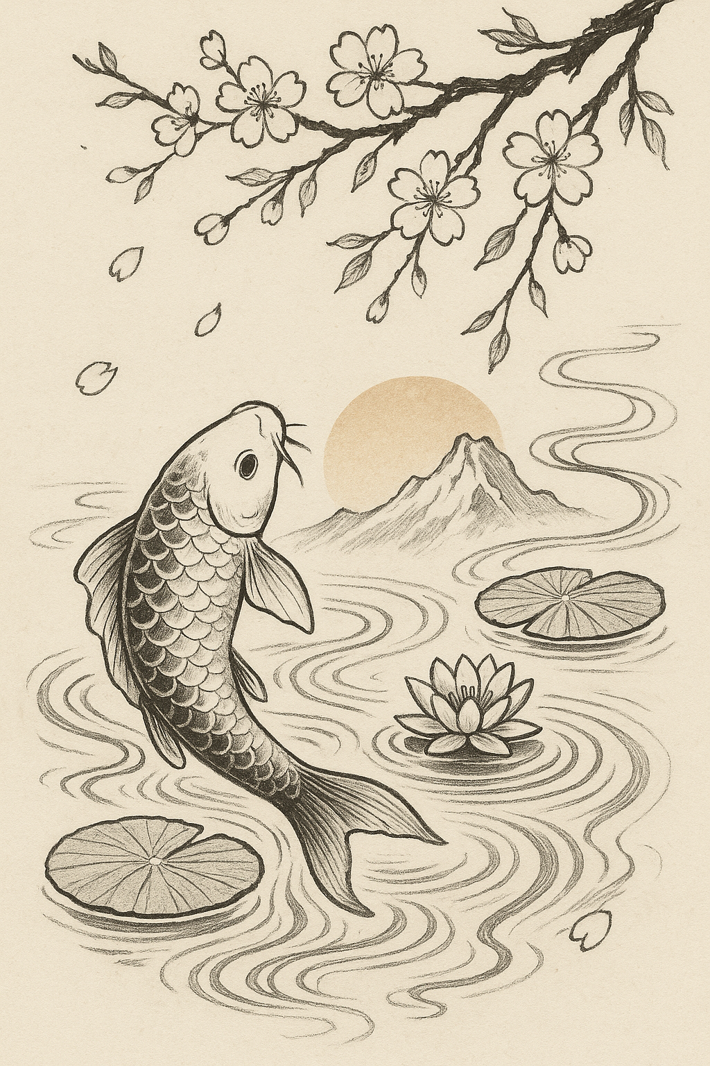 ZILVER PREMIUM - Japanese Ink Drawing - Koi Pond