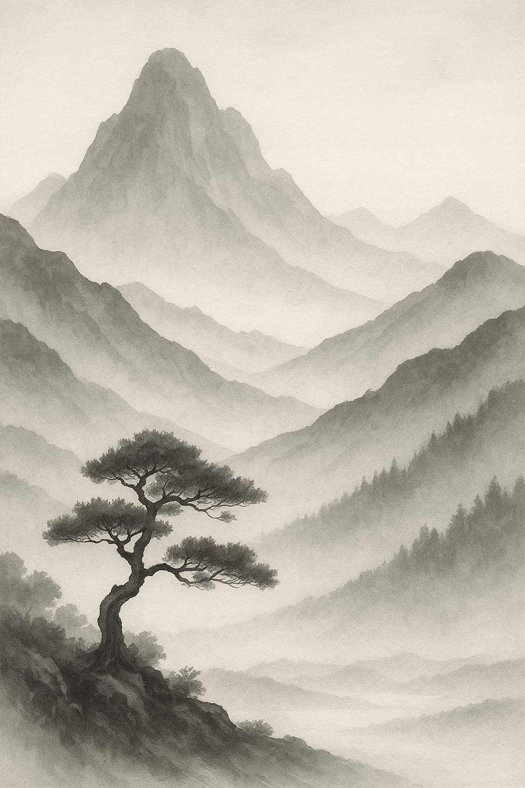 GOUD - Zen-Style Grayscale Mountain Scene